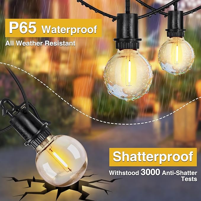 ZJOJO 50FT Outdoor String Lights G40 Globe Outdoor Lights with 25 Shatterproof LED Bulbs 2700KIP65 Waterproof Patio Light