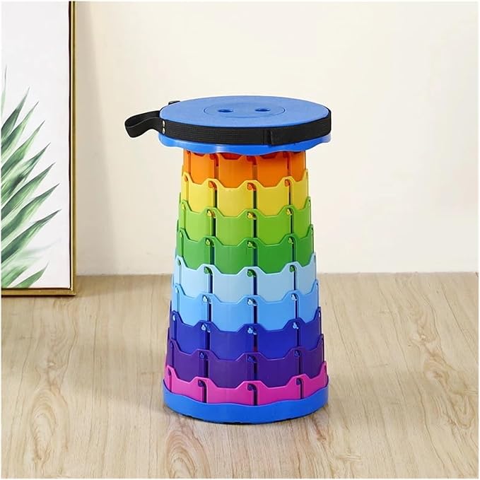 The Latest Portable Fun Casual Round Folding Chair Adjustable Plastic Fishing Stool Rainbow Telescopic Stooltool(Colorful blue)