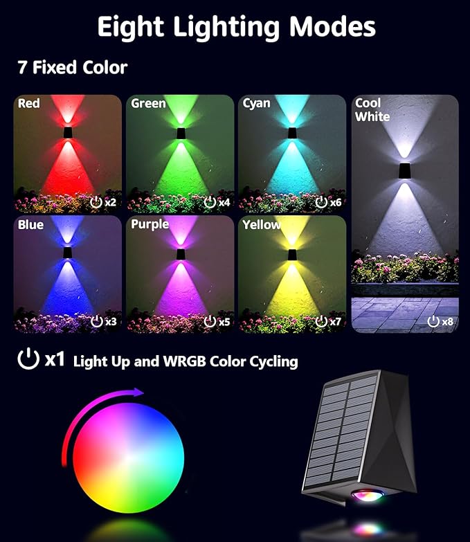 6 Pack Color Changing Solar Wall Lights Outdoor Waterproof Up and Down 2 LED RGB and Cool White Sconce Decor for Fence Stair House Patio Porch Yard Garden Garage and Pool Wall Mounted Install