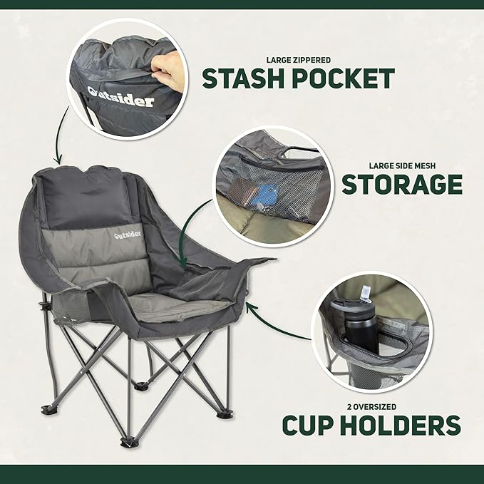 OUTSIDER Oversized Camping Chair Comfort Padded Lounge ChairOutdoor Camp Folding Chair Balcony Lounge 400lb Capacity