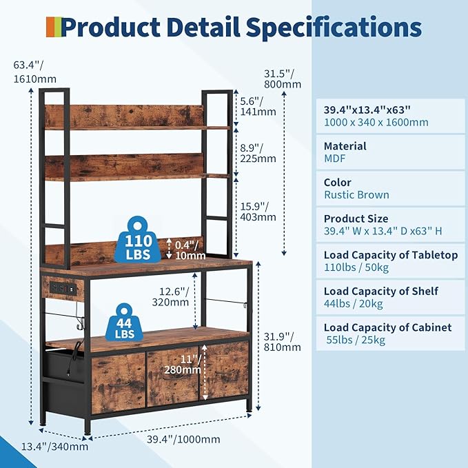 IDEALHOUSE 5 Tier Kitchen Bakers Rack with Charging Station &amp Drawers Industrial Microwave Oven Stand Freestanding Farmhouse Coffee Bar Station Utility Shelves with Hooks Vintage Brown