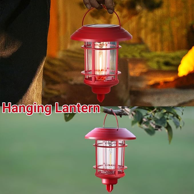 Dynaming 6 Pack Dual Use Solar Christmas Path Lights Outdoor Hanging Lantern Solar Garden Light with Edison Bulb Xmas Pathway Markers Auto On/Off Candy Cane Lights for Patio Yard Walkway Driveway