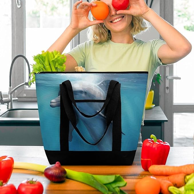Insulated Shopping BagLarge Reusable Cooler Bags Winter The Dolphin Printed Foldable Shopping BagTravel Waterproof Shoulder Bag