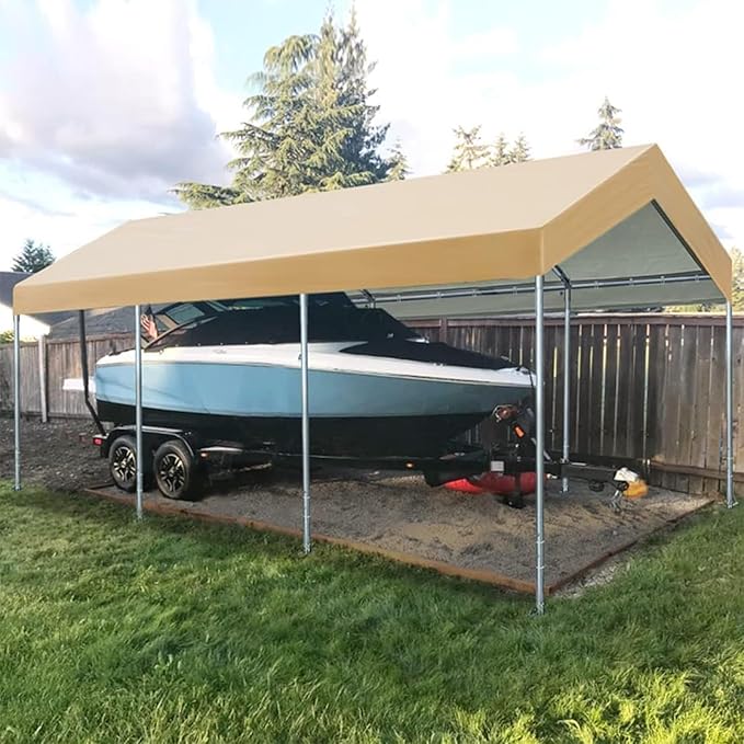 Carport Replacement Canopy Cover for Car Tent Top Garage Shelter Cover Tarp with Ball Bungees (Only Top Cover Frame Not Include) (Beige 10’ x 20‘)