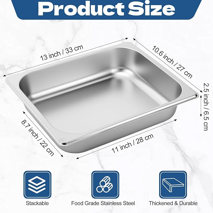 6 Pack Hotel Pans Half Size 1/2 Size 2.5 Inch Deep Stainless Steel Steam Table Pan Catering Food Storage Metal Pan Metal Food Pans for Home Party Hotel Buffet Restaurant