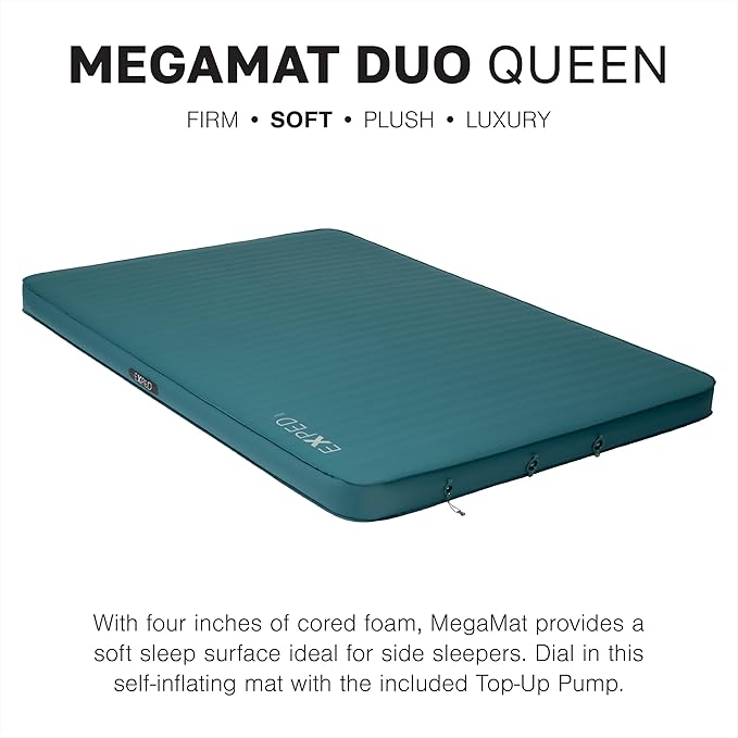 Exped MegaMat Duo Queen - Self Inflating Soft Car Sleeping Mat 4” Foam Pad Pump Included