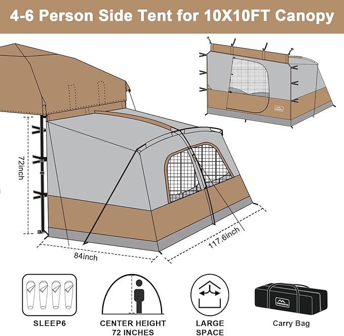 KAMPKEEPER Canopy Side Tent4-6 Person Camping Cube Tent for 10x10 Pop Up CanopiesEasy Up Gazebo with WindowCompatible with 10' Wide Canopy Tents