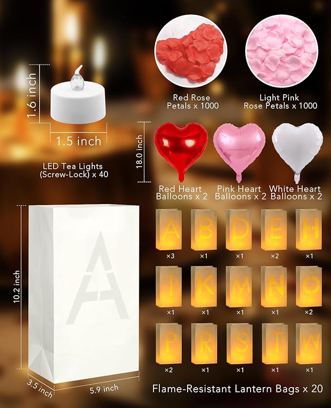 AceList Light Up Letters Luminary Bags Rose Petals and Candles Set Romantic Decorations Special Night for Anniversary Proposal Valentine’S Day Decorations