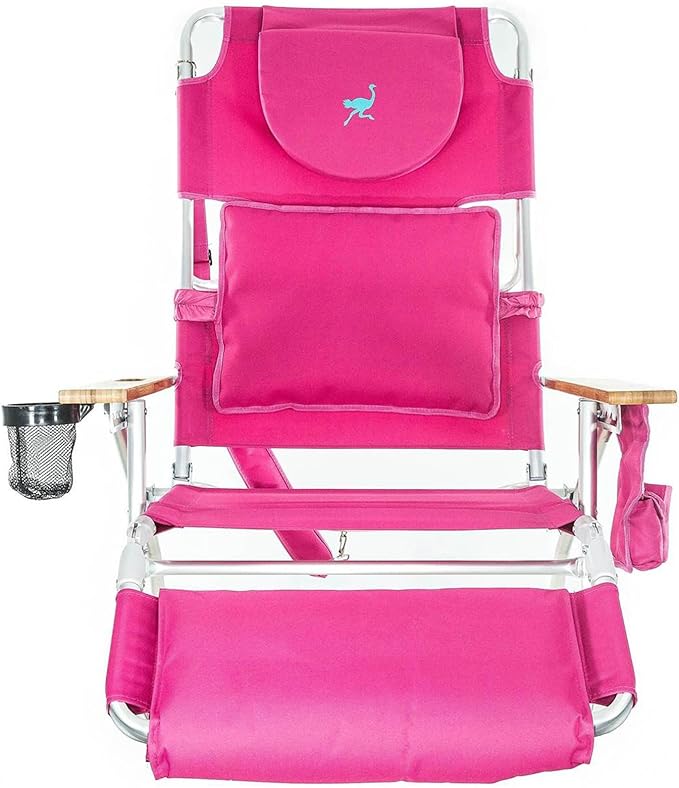 Ostrich Portable Deluxe 3-in-1 Padded Sports Chair w/5 Positions and Footrest &amp Chaise Lounge Folding Steel Frame Beach Chair w/4 Positions Pink
