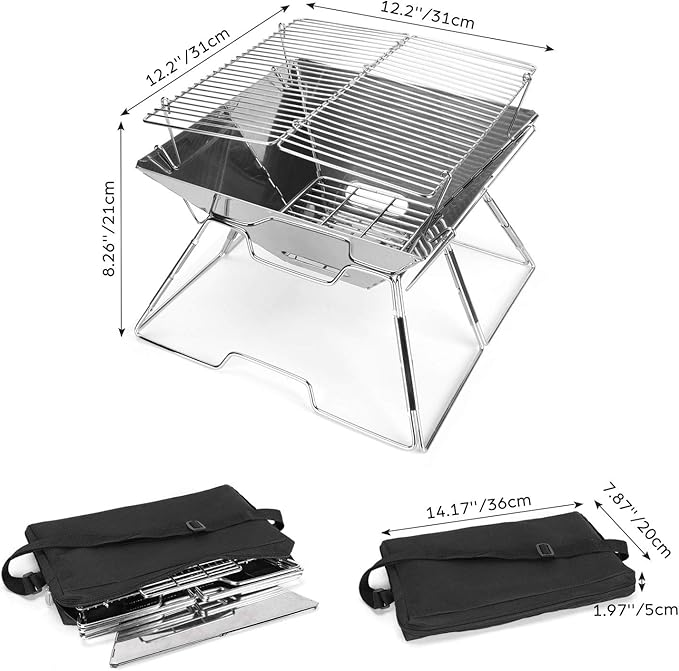 Odoland Folding Campfire Grill 304 Stainless Steel Grate Barbeque Grill Portable Camping Grill with Legs for Picnics Backpacking Outdoor with Carrying Bag and Kitchen Tongs