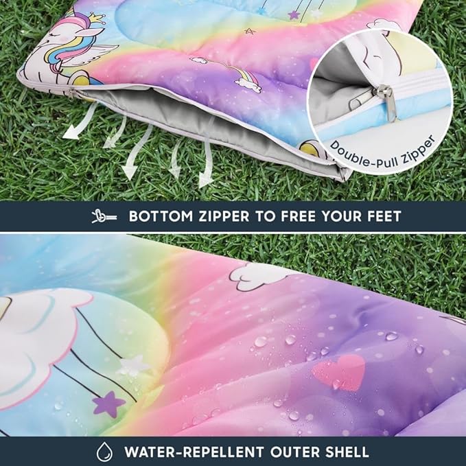 Wake In Cloud - Kids Sleeping Bag for Girls Toddlers Camping in Warm Cold Weather Backpacking Lightweight Compact Outdoor Liner for 3 Seasons Unicorns Rainbow Hearts