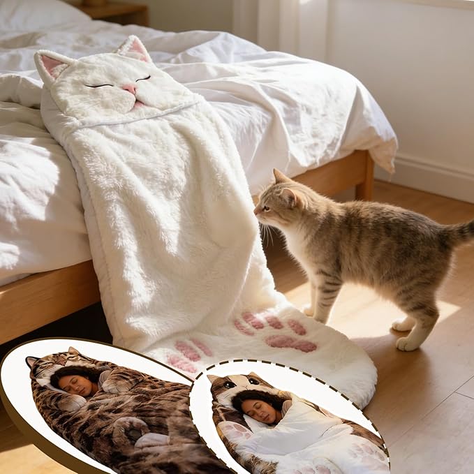 Fluffy Cat Sleeping Bag for Adults – Plush Soft Envelope Shaped Sleeping Bag for Humans Cozy Warm Nap Sack for Camping Home Travel Extra Large Cute Cat Design