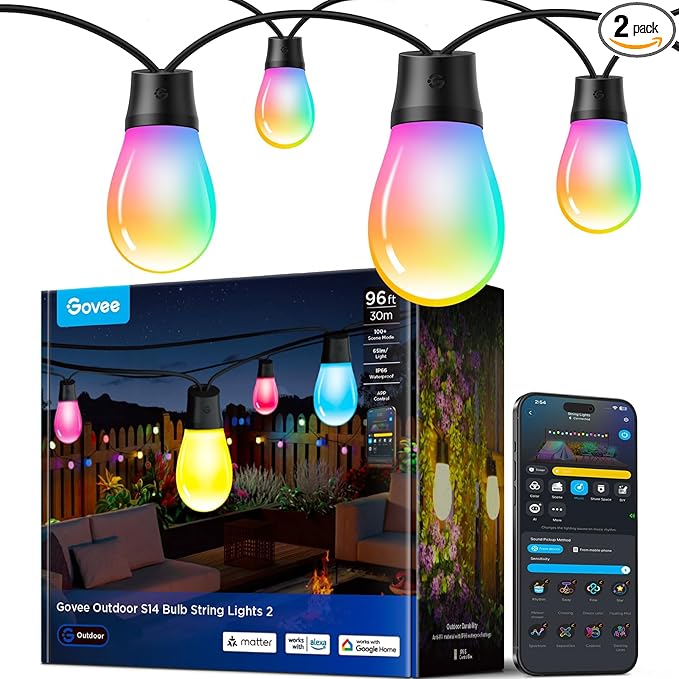 Govee S14 Bulb Outdoor String Lights 2 96ft Smart RGBIC Warm White Patio Lights with 15 LED Bulbs 111 Scene Modes for Outdoor Decor Upgraded IP66 Compatible with Alexa Google Matter APP Control