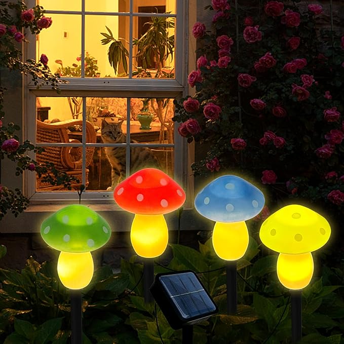 4Pcs Mushroom Solar Lights Outdoor Waterproof Fairy Houses Light Mushroom Garden Decor Decorative Solar Powered Garden Stake Lights for Outside Lawn Walkway Patio Yard (Red/Yellow/Green/Blue)