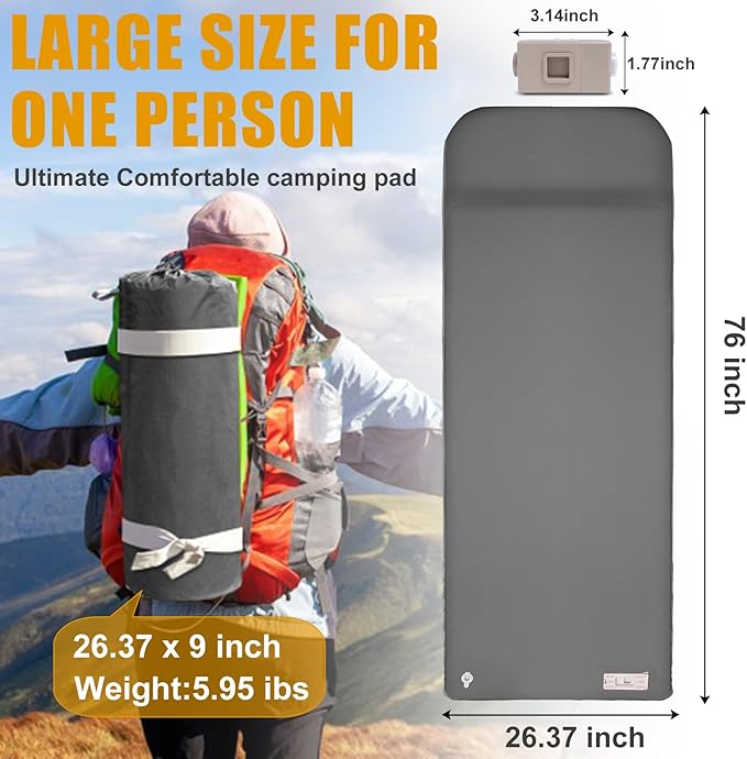 Self Inflating Sleeping Pad with Electric Pump 3.14 Ultra-Thick Memory Foam Camping Mattress Pad with Pillow Fast Inflating in 30s9.5 R-Value Insulated Camping Pad for Camping Car Travel LightGrey