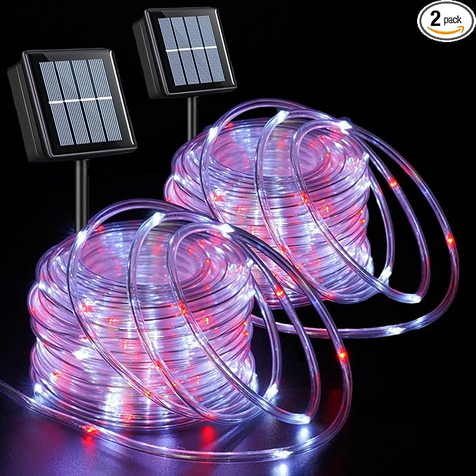 QITONG Red and White Solar Rope Lights 2 Pack Each 33ft 100 LED Christmas String Light 8 Modes Fairy Lights in Clear Thin Tube