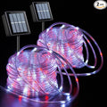QITONG Red and White Solar Rope Lights 2 Pack Each 33ft 100 LED Christmas String Light 8 Modes Fairy Lights in Clear Thin Tube
