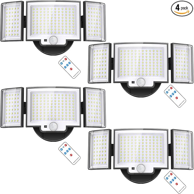 CLAONER LED Security Lights Motion Sensor Outdoor 20W 3000LM Floodlight 6500K 3 Modes IP65 Waterproof 3 Head Detected Flood Light for Garage Yard Door Porch Patio (4 Pack)