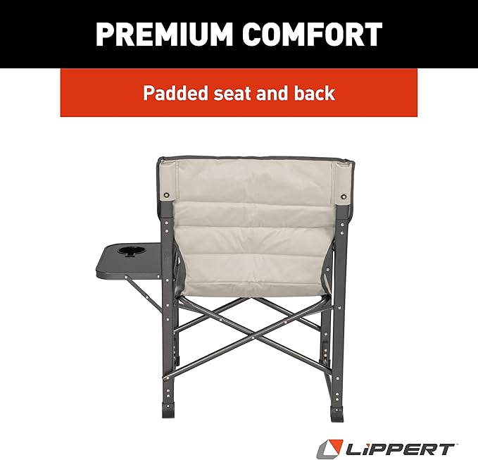 Lippert Components Scout Plus Director Chair with Side Table for Camping Foldable Steel Tube Frame 600D Polyester UV and Water Resistant PVC Coating 400 lb. Weight Capacity Sand - 2021123282