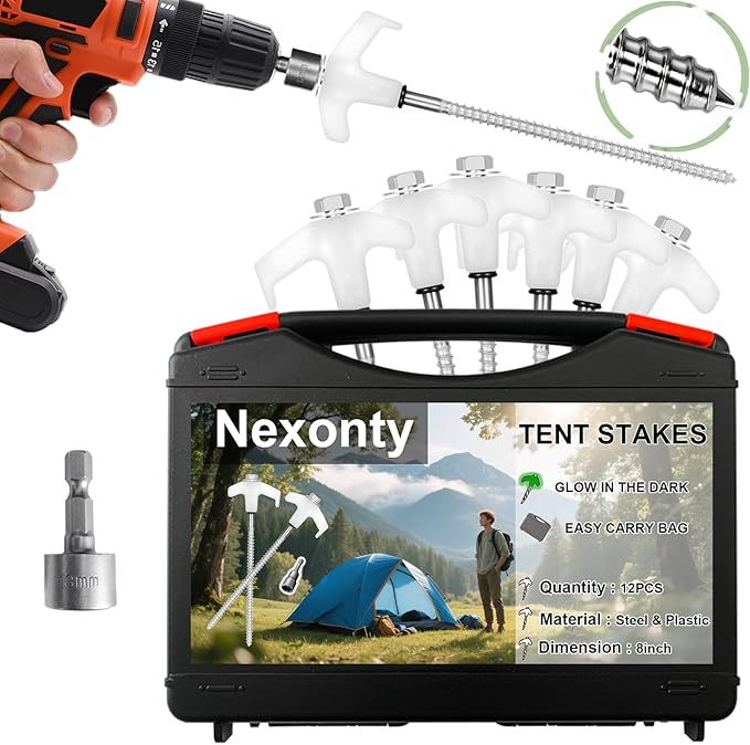 12 Pack 8 Inch Screw in Tent Stakes Heavy Duty Ground Anchors Screw in with Grow in The Dark Heads Camping Stakes Metal Threaded Tent Spikes with Hex Head Driver &amp Storage Box
