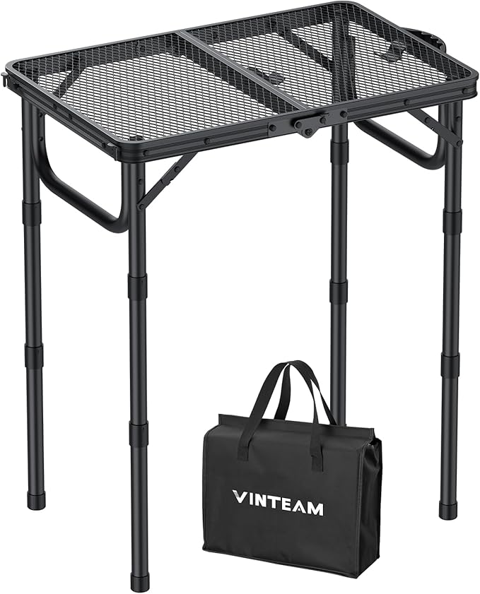VINTEAM Camping Folding Grill Table | 3 Adjustable Heights | Lightweight Portable Aluminum Table for BBQs Picnic and Outdoor Use | Mesh Desktop 66lbs Weight Capacity