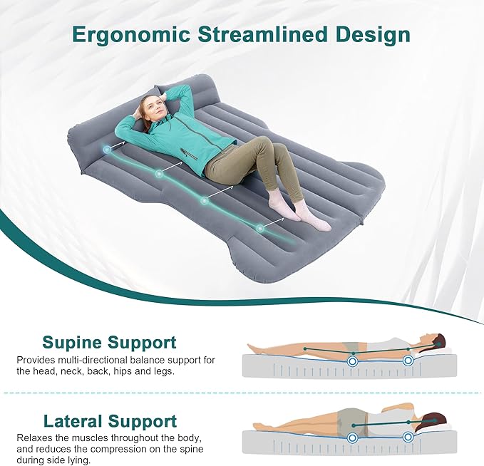 Car Air Mattress Inflatable Bed Compatible with Tesla Model Y Thickened Flocking Camping Air Bed with Air Pump 2 Pillows 2 Piers Car Sleeping Pad for Tent Outdoor and Travel
