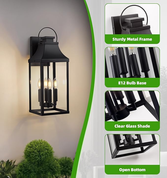 tewei 22'' Large Outdoor Wall Light Porch Light Outdoor Wall Sconce Lantern 4-Light Modern Black Exterior Lighting Fixture Wall Mount Outside Light for House Garage 1-Pack