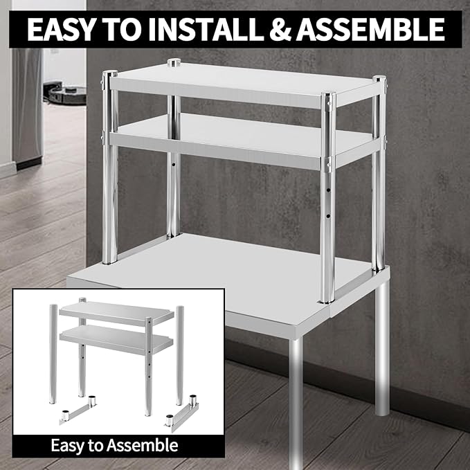 Stainless Steel Double Overshelf 36''L x 12''W Commercial 2 Tier Overshelf Height Adjustable Overshelf for Prep Work Table in Kitchen Restaurant