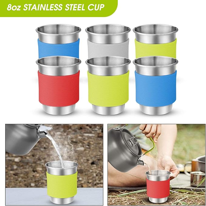 Odoland 39pcs Camping Cookware Mess Kit Non-Stick Large Size Hanging Pot Pan Kettle with Base Dinner Cutlery Sets for 6 and More Cups Dishes Forks Spoons Kit for Outdoor Camping Hiking Picnic