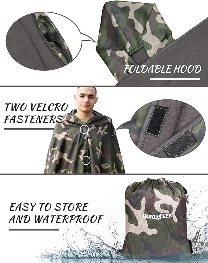 DUKUSEEK Hooded Stadium Blanket Camouflage Waterproof Windproof Outdoor Fleece Blanket - Large (79x56) Portable Wearable Warm for Outdoor Hunting Sporting Events…