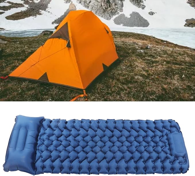 Camping Sleeping Pad Navy Blue Lightweight Moistureproof Inflatable Double Mattress with Storage for Outdoor Adventures