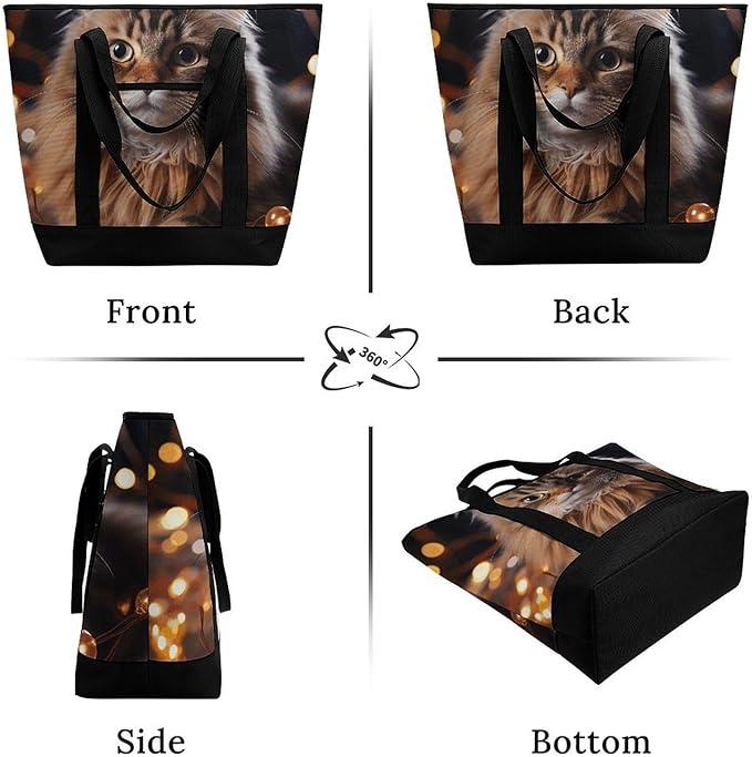 Insulated Shopping BagLarge Reusable Cooler Bags Cat Hanging Christmas Lights Printed Foldable Shopping BagTravel Waterproof Shoulder Bag