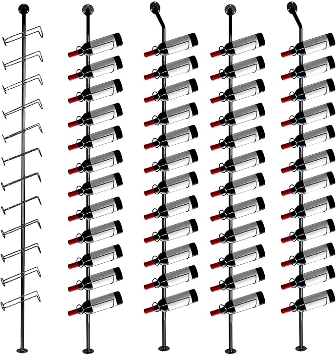 5 Pack 60 Bottles Wall Mount Bottle Display Holder Black Metal DIY Detachable Bottle Display Shelf for Commercial Restaurants Pantry