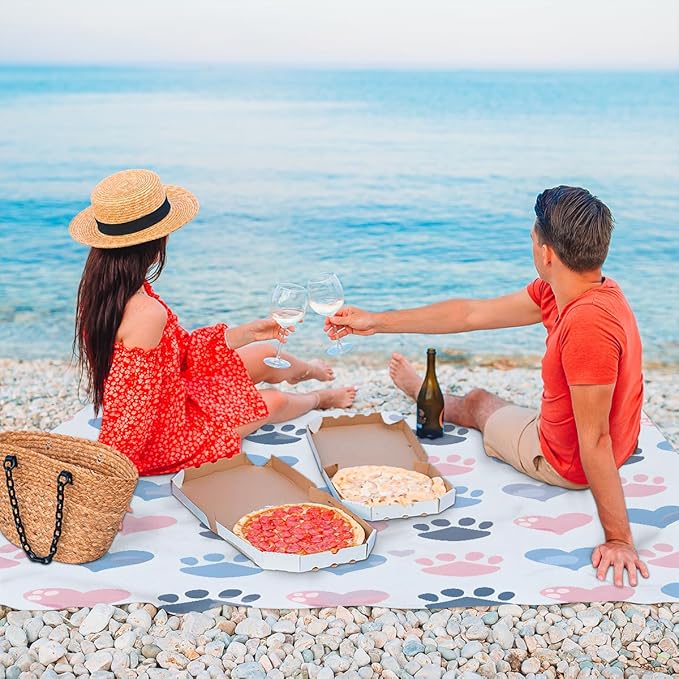 Waterproof Sandproof Beach Blanket 59''×68'' Heartwarming Footprints Polyester Outdoor Picnic Blanket with 4 Stakes &amp Storage Bag for BeachCampingVacation Blue