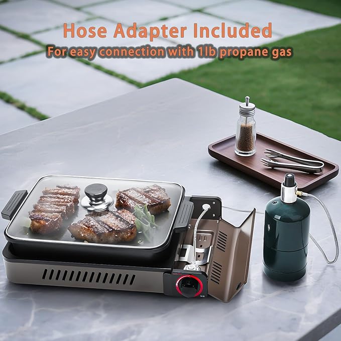 ONLYFIRE OUTDOOR LIVING Portable Propane Gas Stove with Grill Pan and Lid Butane Camping Stove Instant Ignition for Patio Backyard Home Cooking Camping RV Tailgating Emergency Use GS349