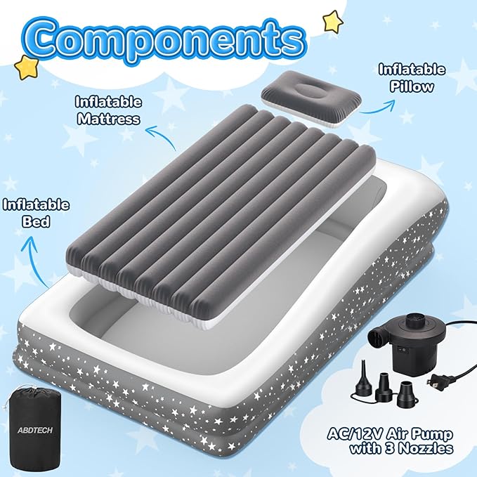 Inflatable Toddler Travel Bed - 67'' Large Size Safety Kids Air Mattress with 4 Sides - Portable Camping Bed for Outdoor Sleepovers Easy to Inflate &amp Deflate with Storage Bag &amp Pump Grey