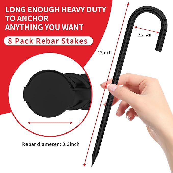 Black Metal Stakes 8 Set J Hook Extra Heavy Duty Rebar Stake【12 inch Long Enough】 Rust Proof Coated Steel Ground Stakes Ground Anchors Garden Stake Metal Stakes Tent Stakes Trampoline Anchors