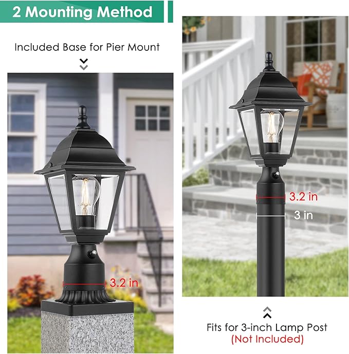 FOLKSMATE Dusk to Dawn Outdoor Post Lights 2-Pack Waterproof Outside Post Lamps with Pier Mount Exterior Pole Lantern with Clear Glass Matte Black Light Fixture for Patio Garden Walkway