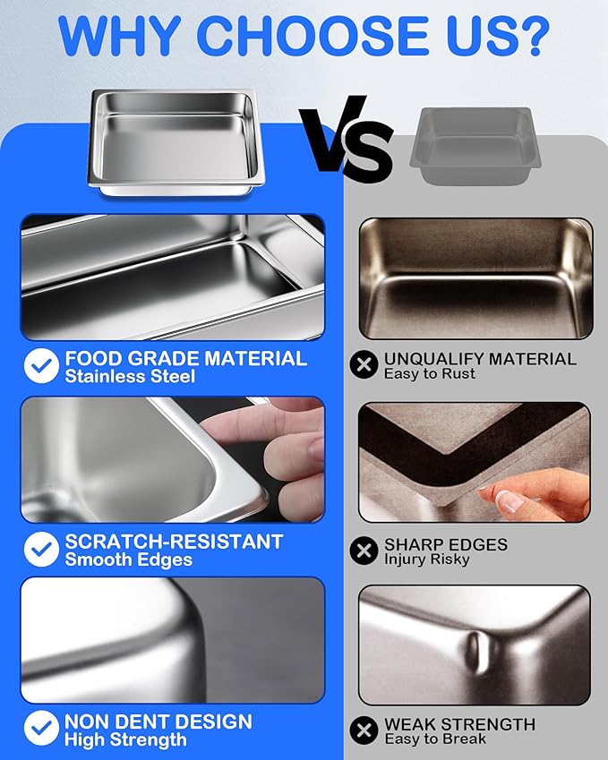 WantJoin Steam Table Hotel Pans with Lid 1/3 Third Size 6 Inch Deep 6 Pack Thickened Stainless Steel Metal Tray Sets Food Storage Container Restaurant Chafing Dishes Commercial Buffet Warmer Catering