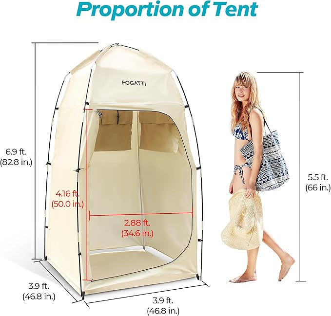 FOGATTI Portable Camping Shower Tent with Floor 6.9 FT Extra Tall Shelter with 3 Internal Pockets and Carry Bag Outdoor Privacy Tent for Shower Changing Dressing Wind-Proof Oversize Easy Set Up