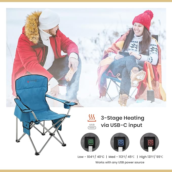 ARROWHEAD OUTDOOR Heated Camping Chair – Heavy-Duty Portable Folding Chair with 3 Heat Modes 6-Can Cooler Cup &amp Wine Glass Holder – Supports 330lbs