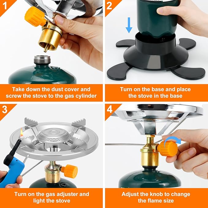 Camping Stove Propane Portable Backpacking Cooker with Single Burner Adjustable Flame Foldable Base Camp Stove Kit for Outdoor Cooking Hiking Emergency Essential (Fuel not Included)