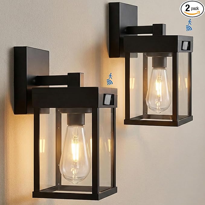 Solar Wall Lights Outdoor Set of 2 Solar Porch Lights with 3 Lighting Modes &amp Motion Sensor Dusk to Dawn Solar Porch Sconces Wall Sconce Lantern Light Fixture Black Wall Lamps for Patio Front