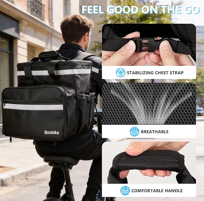 Food Delivery Bag Expandable Delivery Backpack with 4 Cup Holders Large Insulated Pizza Bag for Hot/Cold Food Reflective Bike Courier Backpack Fits Uber Eats DoorDash Grubhub Camping Black