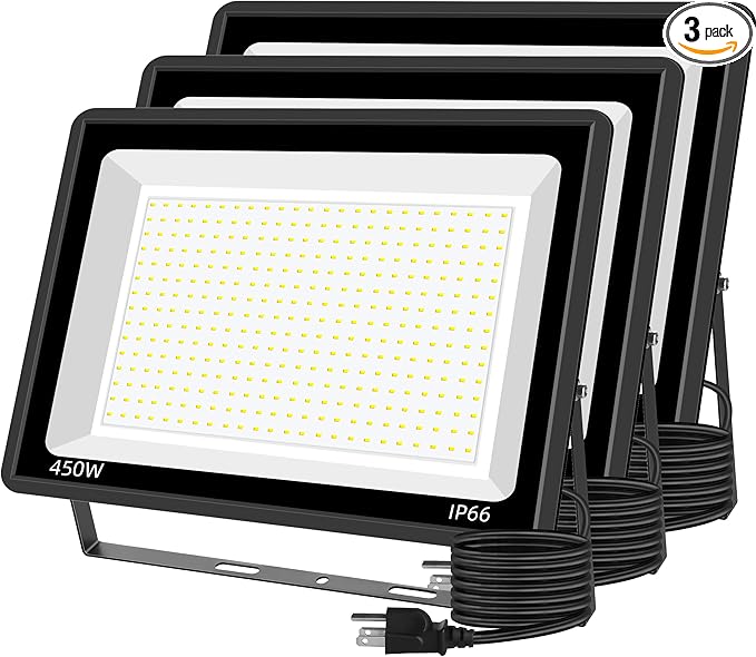 450W LED Flood Lights Outdoor with Plug Ultra Bright Security Lights IP66 Waterproof Exterior Floodlight 5000K Daylight White Flood Light for Stadium Parking Lot Construction Site (3 Pack)