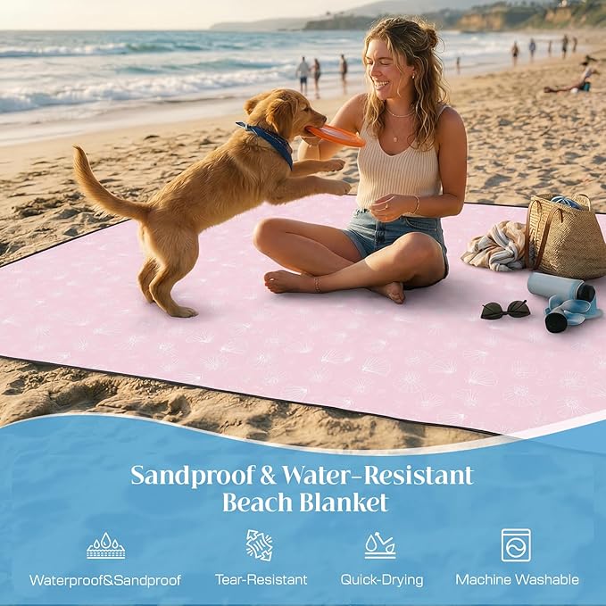 OIGAE Family Beach Blanket 7×8 ft Sand-Free Picnic Mat for 1–4 People Quick-Dry Lightweight Outdoor Blanket with Stakes &amp Corner Pockets Shell Pink