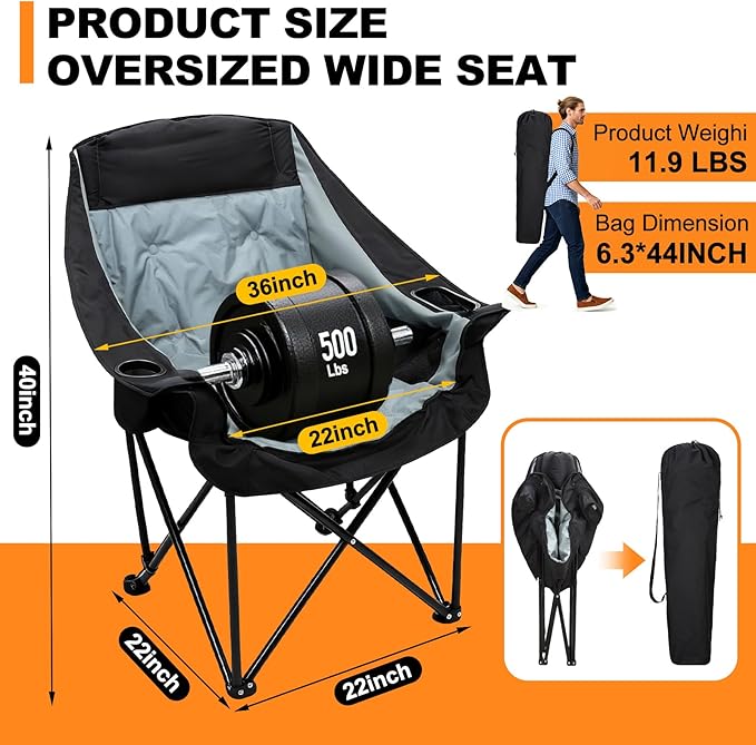 CypherX Oversized Heated Camping Chair 3 Heat Levels Folding Camping Chairs for Adults Heavy Duty Padded Lawn Chair for Outdoor Sports Lawn Fishing Garden Portablen (No Battery)