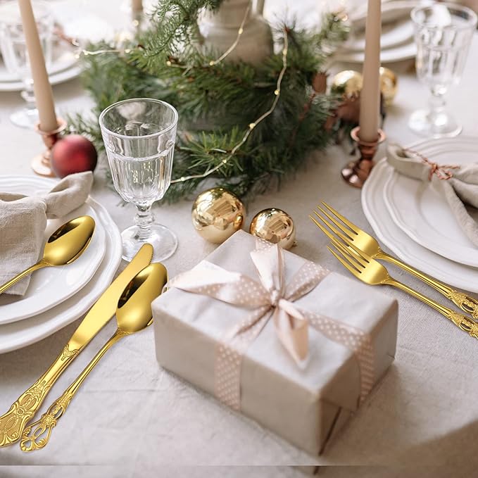 Retro Silverware Gold Set for 4 Stainless Steel Flatware Royal 20 Piece Cutlery Sets Knives Spoons Forks Vintage Hollow Relief Design Durable Festival Parties Daily Kitchen Utensils