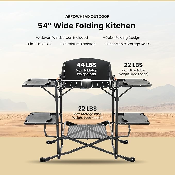 ARROWHEAD OUTDOOR 54 Wide Quick Folding Kitchen Station with Add-on Windscreen 4 Side Tables Aluminum Tabletop Tool-Hanging Cord 154 LBS Max Weight Load for Patio BBQ and Camping