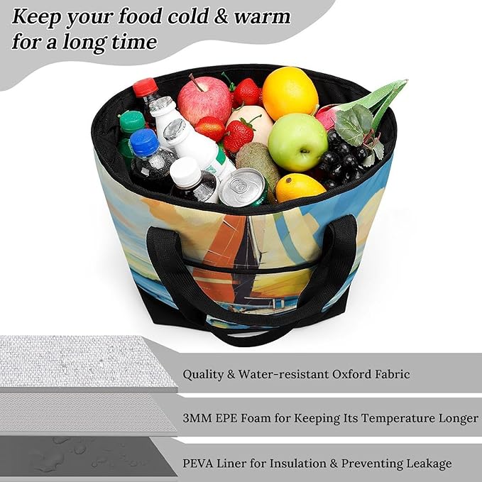 Insulated Shopping BagLarge Reusable Cooler Bags Colorful Sail Boat Printed Foldable Shopping BagTravel Waterproof Shoulder Bag